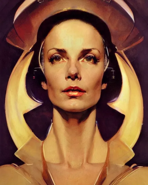 Image similar to head portrait of elegant striking mature space woman in futuristic robe, dynamic, by norman rockwell, roberto ferri, daniel gerhartz, edd cartier, jack kirby, howard v brown, ruan jia, tom lovell, frank r paul, dean cornwell, astounding stories, amazing, fantasy, other worlds