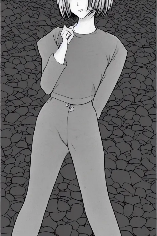 Image similar to portrait of a girl in long pants and a top, hands in pockets, eyes closed, bob haircut, digital art, black and white, manga style, by junji ito