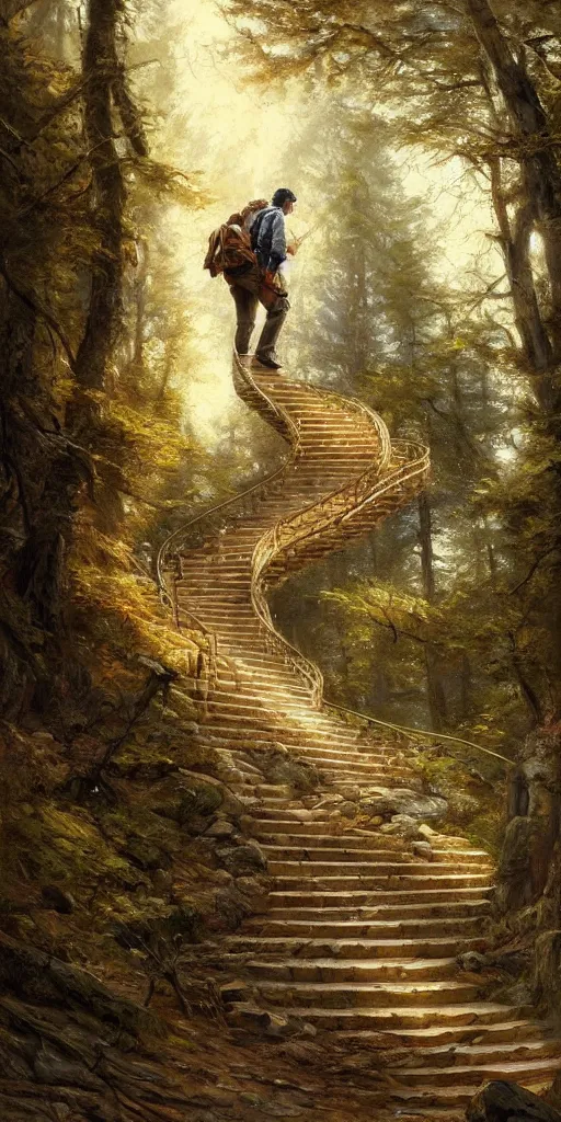 Image similar to a man walking up a steep and winding staircase, in beautiful woods, intricate, elegant, highly detailed, oil painting, artstation, concept art, sharp focus, beautiful illustration, society, by justin gerard and artgerm, 4 k