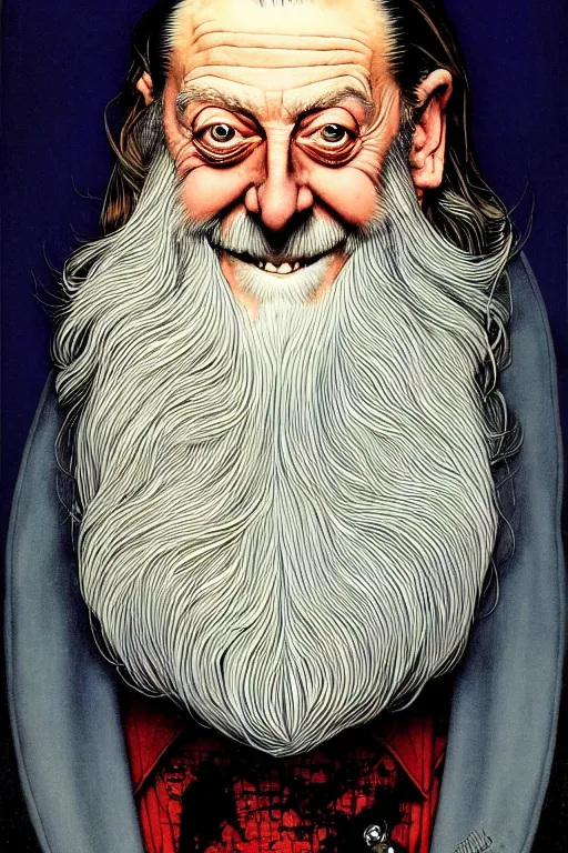 Prompt: Alan Moore smiling with a bloodstain in his right eye, portrait by Joshua Middleton and Norman Rockwell, wide shot, stunning elegant, futuristic spy, tribal mask, beautiful evil sneer, symmetrical face, symmetrical eyes, badass clothing, long white hair, full body, character design, fibonacci pattern