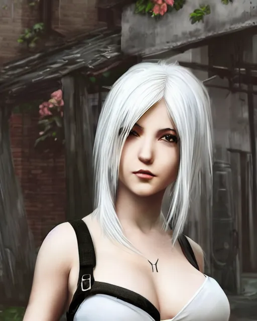 Prompt: tifa lockhart with white hair, beautiful face, very shy, elegant clothes, introverted, garden, utopian city, solarpunk, perfect, attractive, illuminated, ultra realistic, atmosphere, cinematic, artstation, highly detailed