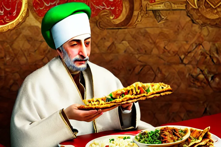 Prompt: Ottoman Sultan Mehmet IV eating shawarma in a restaurant, wearing big ovular turban and a luxurious Ottoman coat, green eyes, super realistic facial features, detailed face, Ottoman Sultanate, cheerful, expressive, photorealistic, hyperrealism, micro details, HDR Shot