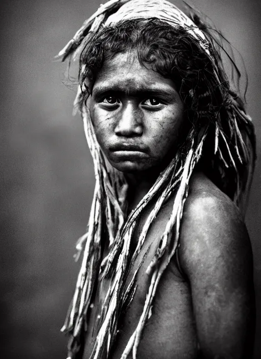 Image similar to Award winning Editorial photo of a Native Nauruans with incredible hair and beautiful hyper-detailed eyes wearing traditional garb by Lee Jeffries, 85mm ND 5, perfect lighting, gelatin silver process