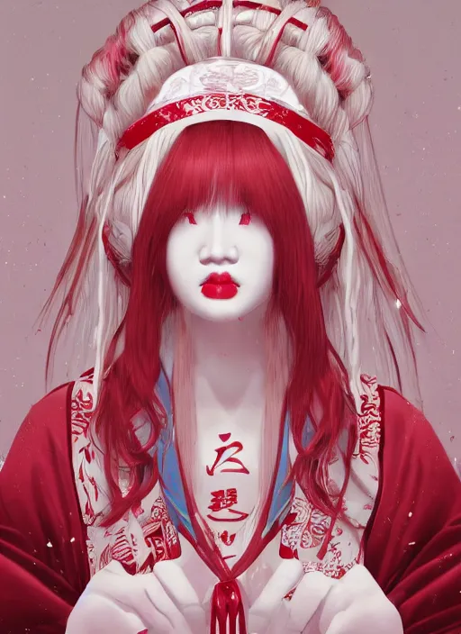 Image similar to albino maiko with very long kawaii hair, fluent composition, red and white neon, concept art, ambient light, 4 k, intricate details, highly professionally detailed, cgsociety, highly detailed -