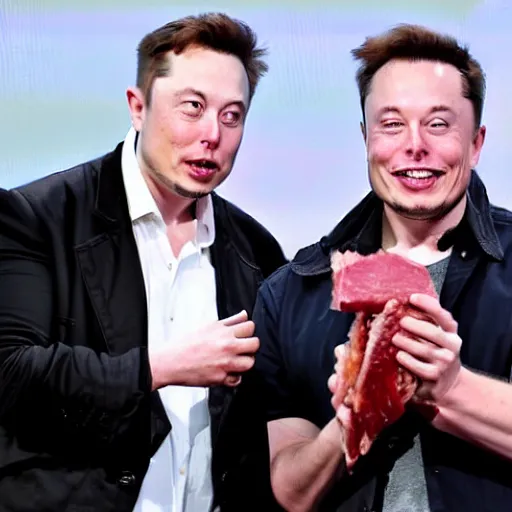 Image similar to elon musk holding a piece of meat, offering it to you