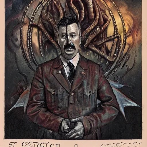 Image similar to igor ivanovich strelkov became an aggressive lovecraftian degenerate hellfire demon calling for total mobilization, photo - realistic, color image, 2 k, highly detailed, bodyhorror, occult art