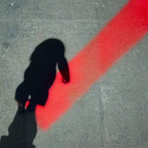 Prompt: red light from above defines the shape of her shadow on the floor below