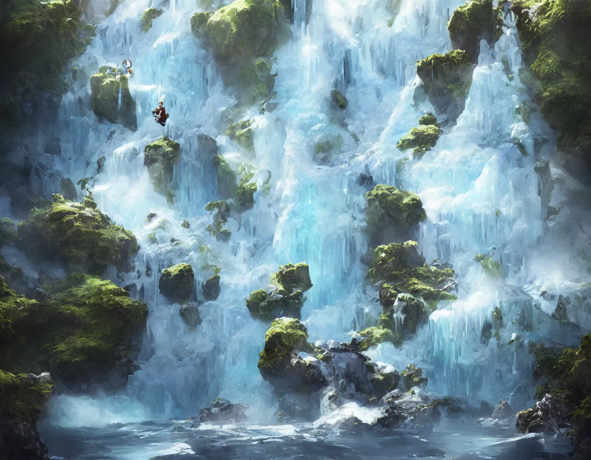 Prompt: hyper realistic oil painting of frozen little island planet with waterfall, rising in the air, highly detailed, digital painting, artstation, concept art, smooth, sharp focus, illustration, art by artgerm and greg rutkowski and alphonse mucha