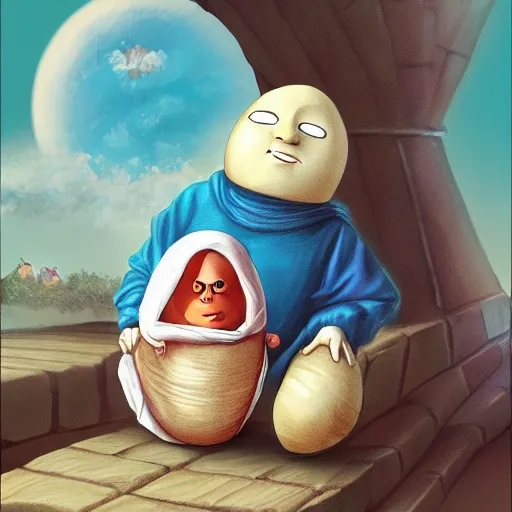 Prompt: humpty dumpty at the passion of christ, https : / / www. artstation. com / artwork / v 1 1 loy