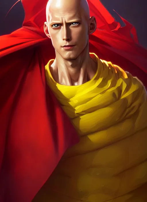 Image similar to ultra realistic illustration, handsome saitama. yellow and red cape, intricate, elegant, highly detailed, digital painting, artstation, concept art, smooth, sharp focus, illustration, art by artgerm and greg rutkowski and alphonse mucha and wlop