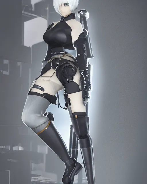 Prompt: 2B from Nier Automata, mechanical detail, cad, solidworks render