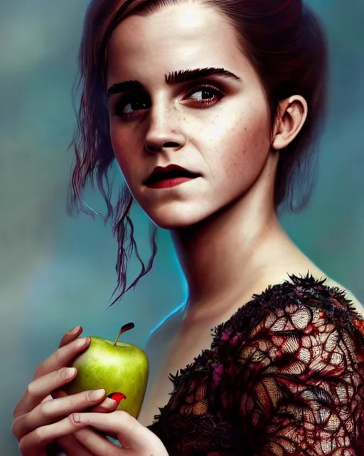 Prompt: full shot portrait painting of very beautiful emma watson as dark evil goddess lace eat apple, character design by mark ryden and pixar and hayao miyazaki, unreal 5, daz, hyperrealistic, octane render, cosplay, rpg portrait, dynamic lighting, intricate detail, harvest fall vibrancy, cinematic