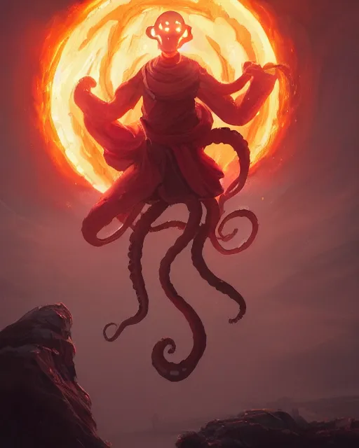 Image similar to tentacled squidward wearing fire nation clothing and practicing firebending outside at susnset, [ greg rutkowski ]