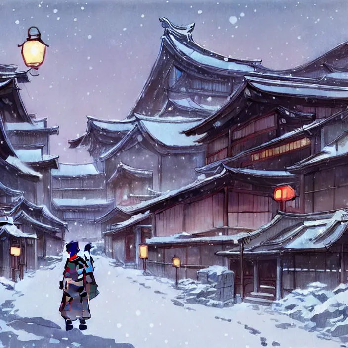 Prompt: japanese rural town, winter, in the style of studio ghibli, cinematic, j. c. leyendecker, greg rutkowski, artem, john harris