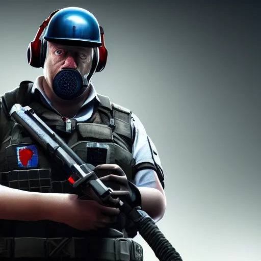 Image similar to boris johnson as a rainbow six siege operator, 4 k, highly detailed