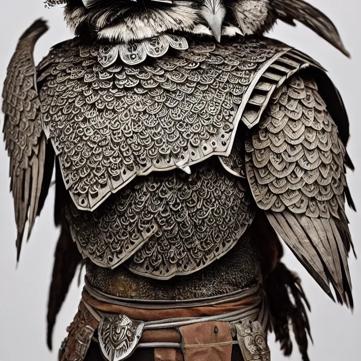 Image similar to photograph of a warrior with meal ornate owl armour. Extremely detailed. 8k