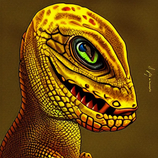 Image similar to portrait of yellow lizard, cult attire, antropomorphic, fantasy digital art, art station