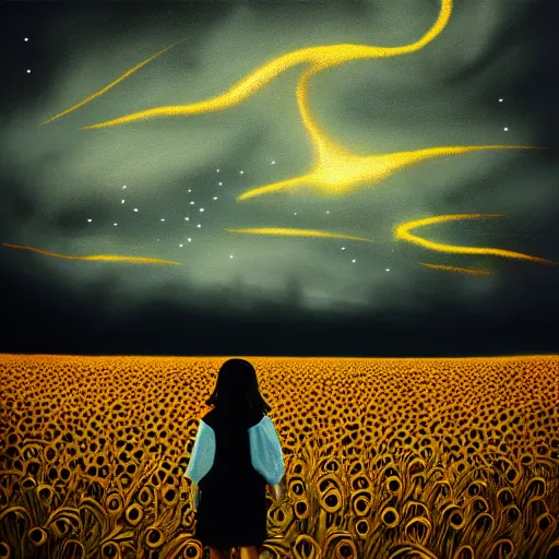 Image similar to giant black sunflower face, girl walking in wheat field, hills, surreal photography, dark night, star trails, dramatic light, impressionist painting, clouds, digital painting, artstation, simon stalenhag