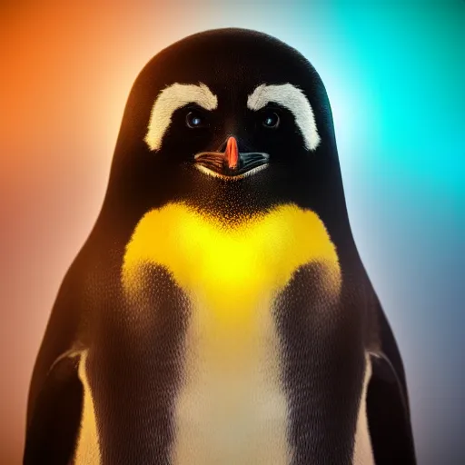 Image similar to portrait photo of a penguin as a jedi, blue and yellow lighting, dark, cinematic, high quality, 4 k