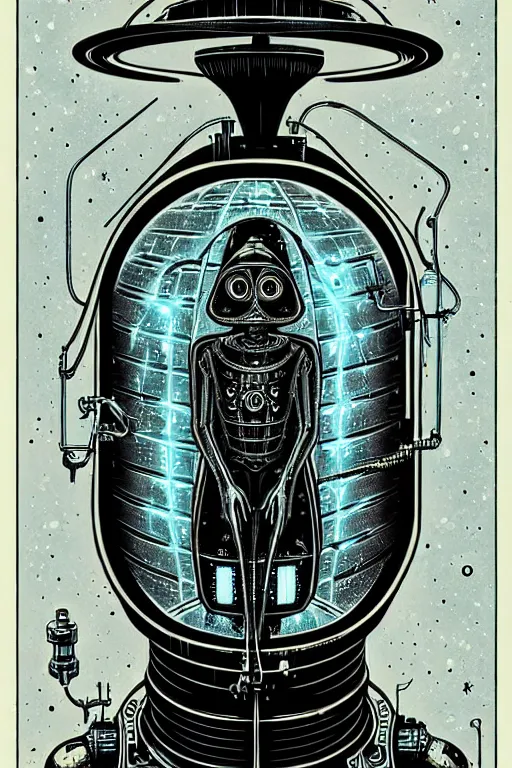 Image similar to steampunk cryo chamber containing friendly grey alien, high details, intricately detailed, by vincent di fate, inking, 3 color screen print, masterpiece, trending on artstation,, sharp, details, hyper - detailed, hd, 4 k, 8 k