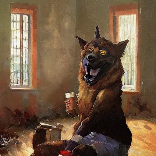 Image similar to a humanoid german shepherd beast - man, sitting and watching a soccer match in his house on television, he has hurt his knee and is a dad, by erin hanson, alexi zaitsev, karl spitzweg, award winning, tv set