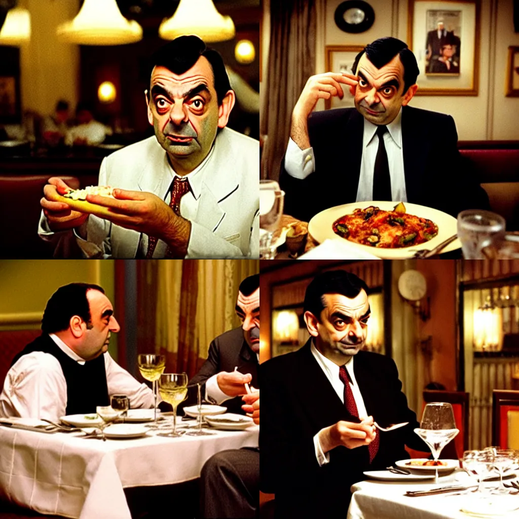 Prompt: mr bean as tony soprano in a fancy italian restaurant ordering the gabagool