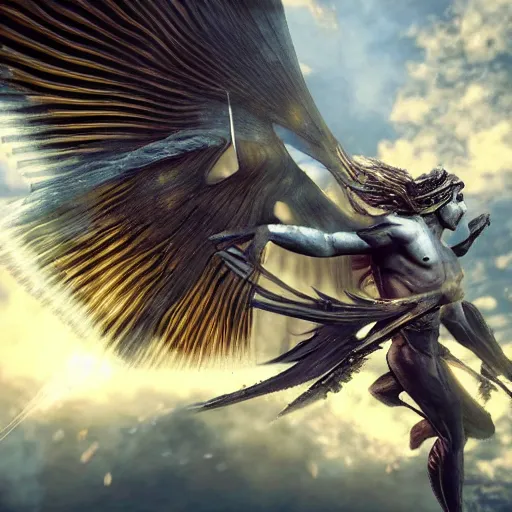 Image similar to hyperrealistic render of a winged male fantasy warrior flying through a magical world