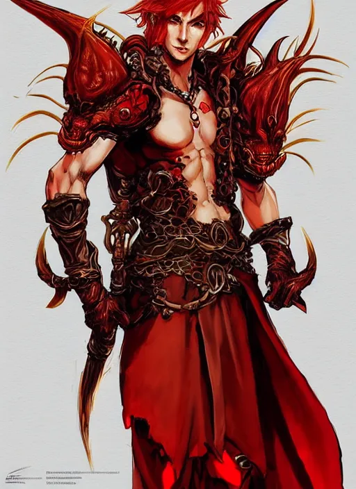 Image similar to Half body portrait of a handsome young red haired elven monk prince with dragon eyes, staff and red and golden ornate dragon robe. In style of Yoji Shinkawa and Hyung-tae Kim, trending on ArtStation, dark fantasy, great composition, concept art, highly detailed.