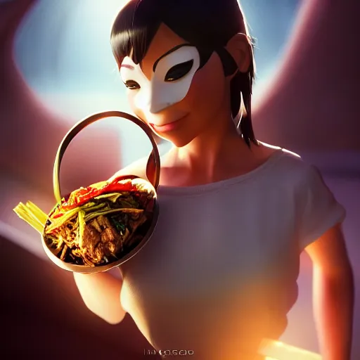 Image similar to movie still macro close photo of happy anonymous holding stirfry to face, by weta disney pixar greg rutkowski wlop ilya kuvshinov rossdraws artgerm octane render iridescent, bright morning, liosh, mucha