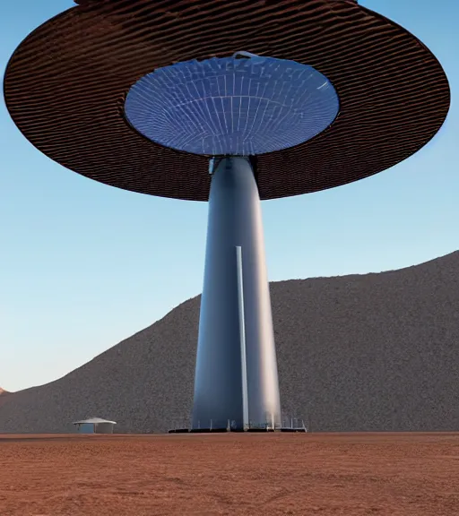 Image similar to dominador circular vertical solar thermal power plant in the desert, spatial structure, former gasometer in rome, white sheets, trending on artstation, behance, octane render, award winning, archviz, matte painting, epic