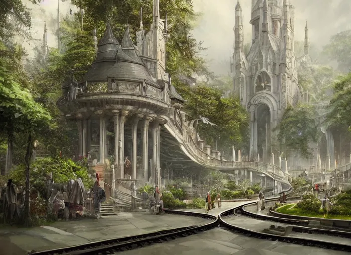 Image similar to A train subway inside a beautiful elven city made of white marble, anime, lush trees, fountain, statue, big clock, trains, a fantasy digital painting by Greg Rutkowski and James Gurney, trending on Artstation, highly detailed