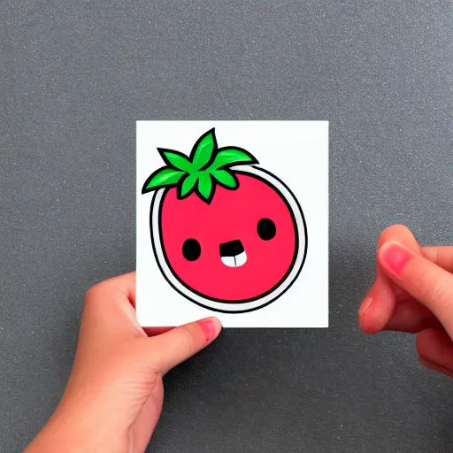 Image similar to hand holding cartoon diecut sticker of cute kawaii watermellon slice with white border and light gray background