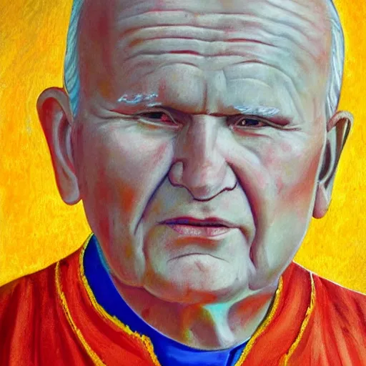 Image similar to award - winning painting of john paul ii with yellow skin, blue background