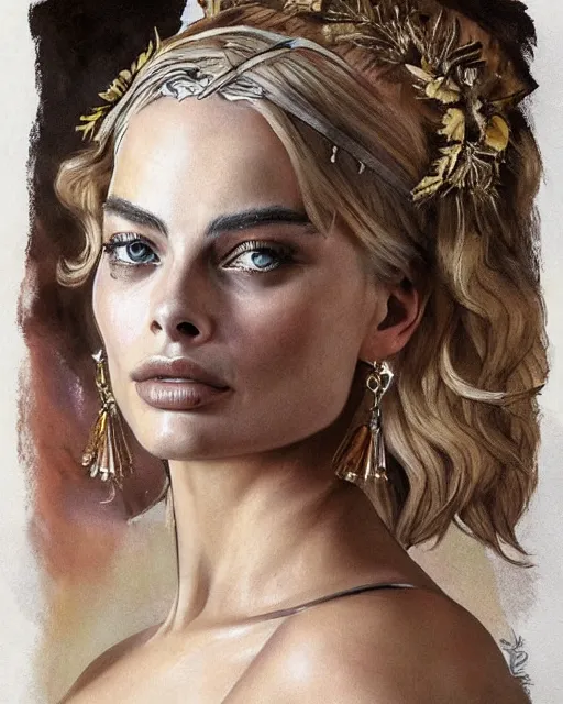 Image similar to realism tattoo sketch of margot robbie as a beautiful greek goddess aphrodite with piercing eyes wearing a laurel wreath and triangle earrings, in the style of greg rutkowski, amazing detail