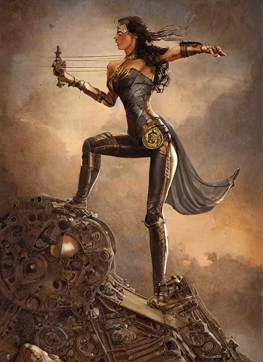 Image similar to highly detailed steampunk gal gadot standing on a mechanism : leonardo da vinci, greg rutkowski, magali villeneuve