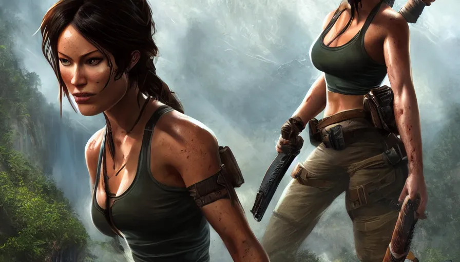 Prompt: Olivia Wilde is Lara Croft in Tomb Raider, hyperdetailed, artstation, cgsociety, 8k