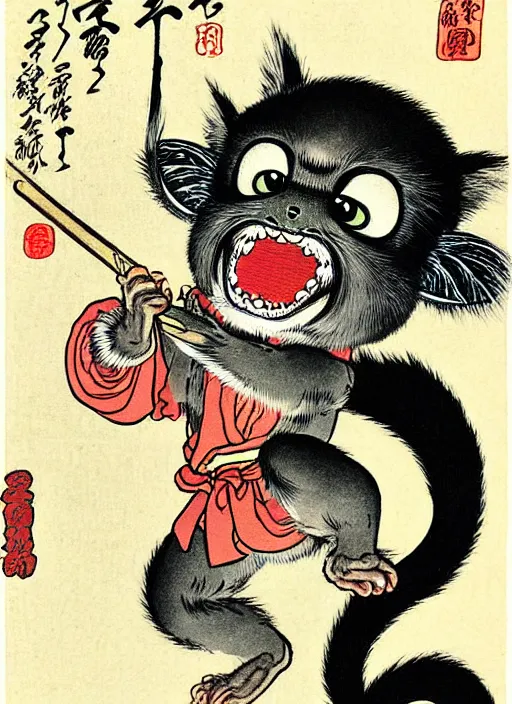 Prompt: gizmo the mogwai as a yokai illustrated by kawanabe kyosai and toriyama sekien