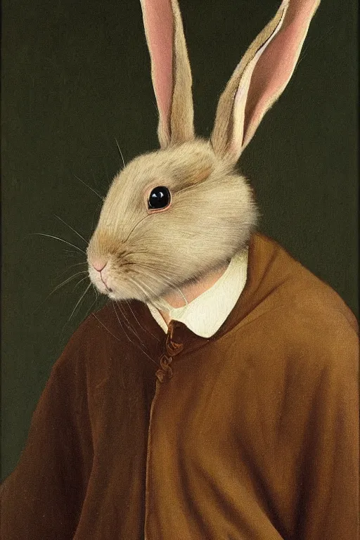 Image similar to silly hierronymus bosch oil painting portrait of a bunny in a coat. muted colour palette