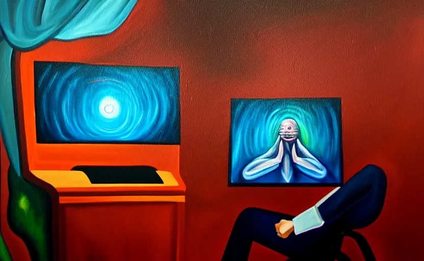 Image similar to a painting of someone stuck inside a dream but they really stuck inside a giant computer, you can see hands on the outside pulling the strings, surrealist, colour