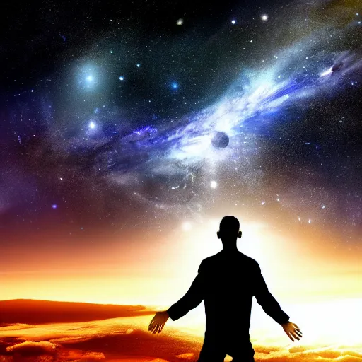 Image similar to 4K ultra HD detailed award-winning wallpaper of silhouette of man reaching his hand towards huge vast sky Earth universe