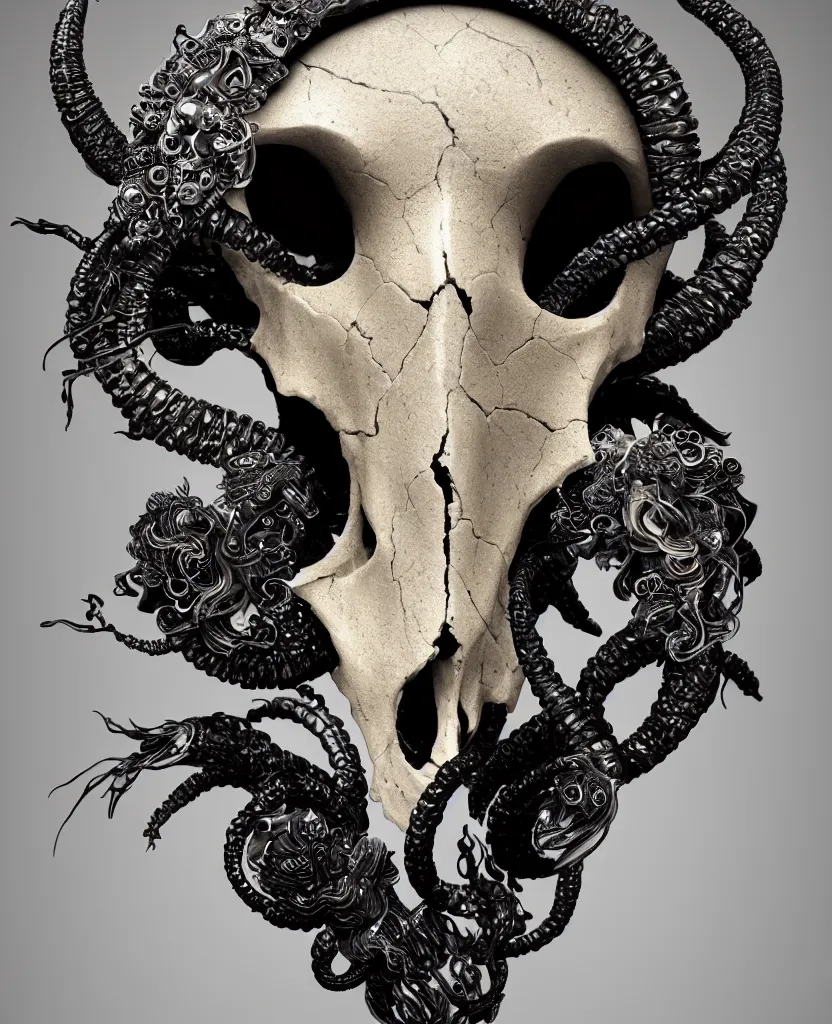 Image similar to goddess princess face close-up portrait ram skull. sculpture made of black stone with elements made of polished gold. jellyfish phoenix head, nautilus, orchid, skull, betta fish, bioluminiscent creatures, intricate artwork by Tooth Wu and wlop and beeple. octane render, trending on artstation, greg rutkowski very coherent symmetrical artwork. cinematic, hyper realism, high detail, octane render, 8k