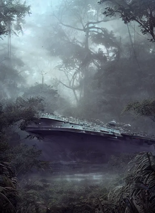 Image similar to aircraft carrier, USS Nimitz, rusty, overgrown with vegetation laying on the ground of a tropical forest, post appocalyptic, by Luis Royo, by Greg Rutkowski, dark, gritty, intricate, cover illustration, concept art, volumetric lighting, volumetric atmosphere, sharp focus, octane render, trending on artstation, 8k