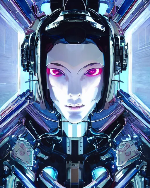 Image similar to the face of a cybernetic geisha mecha, scifi, ghost in the shell, intricate sci fi panels made of metal, elegant, highly detailed panel cuts, greeble detail, caustics and refraction, neon glowing eyes, digital painting, artstation, concept art, high tech fantasy, sharp focus, illustration, art by marco plouffe arstation and Riot Studios and Blizzard Studios