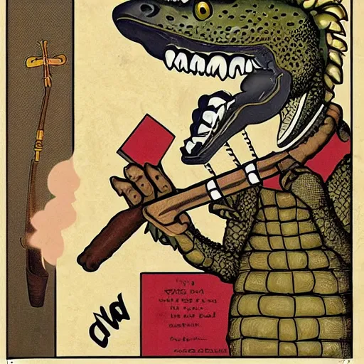 Prompt: a poster featuring a humanoid crocodile smoking a cigar, a hawk with a black cross shaped sword