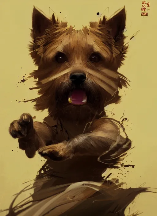 Prompt: norwich terrier as an kung fu master, backround dark, highly detailed, digital illustration, trending in artstation, modern painting, smooth, sharp focus, intricate, by peter mohrbacher