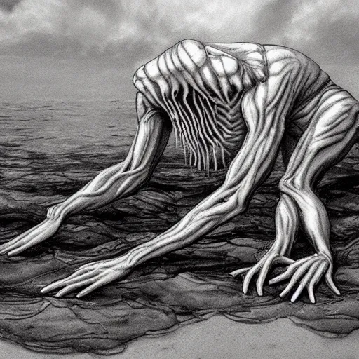 Prompt: creepy humanoid merfolk monster, slimy, wet, disturbingly long fingers, crawling up from shallow water, atmospheric, highly detailed, illustration, concept art, scary