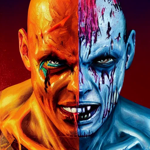 Prompt: Bright, colorful, realistic Serial killer rpg single individual full body and head shot gore covered with scars and tattoos screaming, backlighting, kodachrome, high contrast, highly detailed, sharp focus, digital painting, concept art, illustration, trending on artstation, comic book by Alex Ross cover art