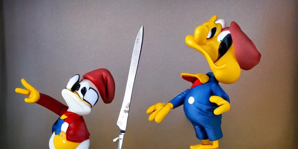 Image similar to donald duck holding a bloody knife, in the style of silent hill