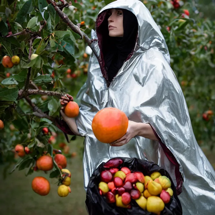 Prompt: a closeup portrait of a woman wearing a hooded cloak made of mylar and polyester, picking pomegranates from a tree in an orchard, foggy, moody, photograph, by vincent desiderio, canon eos c 3 0 0, ƒ 1. 8, 3 5 mm, 8 k, medium - format print