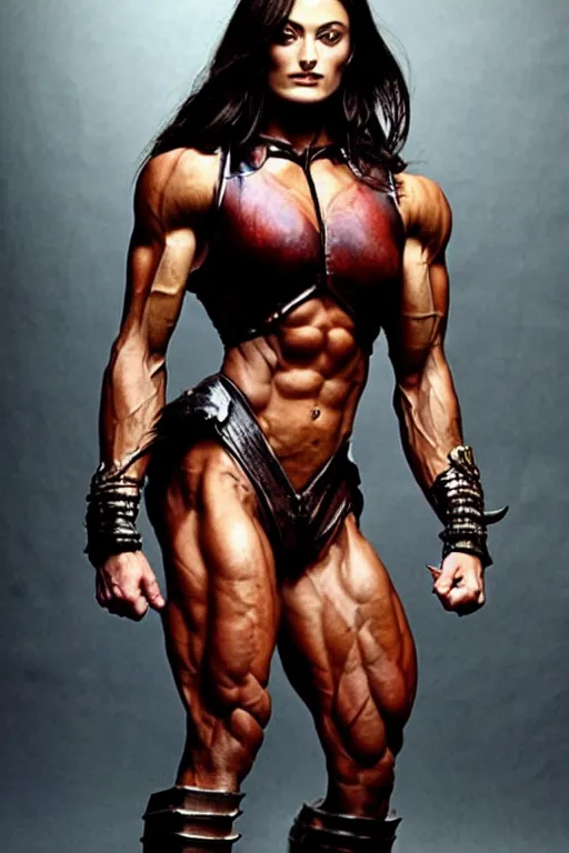 Image similar to fantasy character photo. imposingly tall, broadshouldered, muscular woman. pretty, phoebe tonkin. halfelf. short black hair. thick hypertrophied ripped sinewy swole steroid muscular arms and broad shoulders are bare. fully dressed, rest of body entirely covered by polished silver cobalt armor. built like female bodybuilder. fully dressed. female.